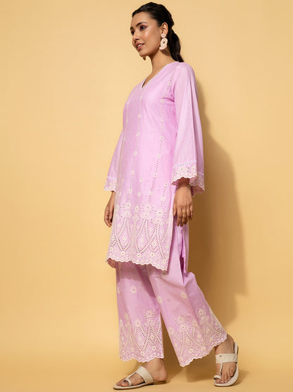 Self-Deisgn V-Neck Flared Sleeves Pure Cotton Kurta Set
