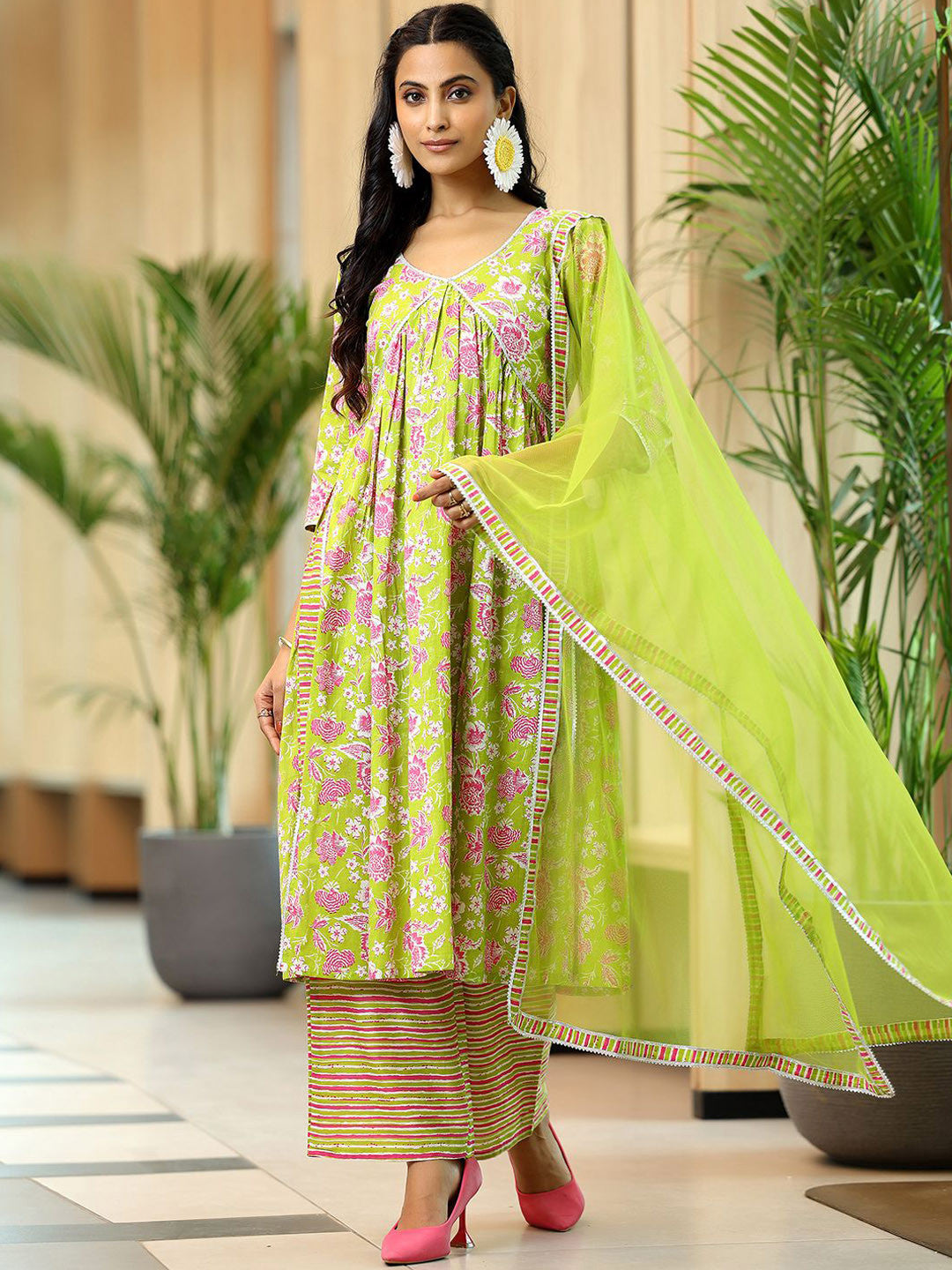 Floral Printed A-Line Empire Gotta Patti Pure Cotton Kurta with Palazzos & Dupatta