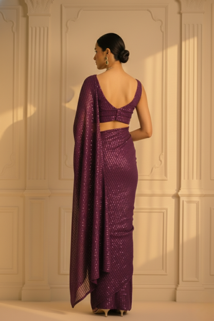 Dhiyona ST Wine Knitted Sequin Saree with Blouse Fabric