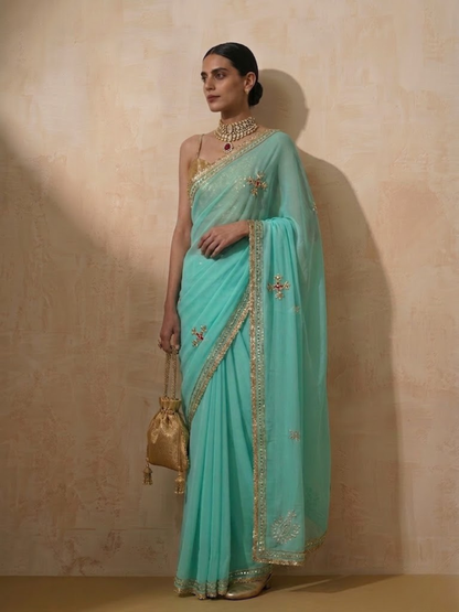 Dhiyona ST Cyan Blue Chiffon Saree with Scallop and Hand Beading with Self Fabric Blouse