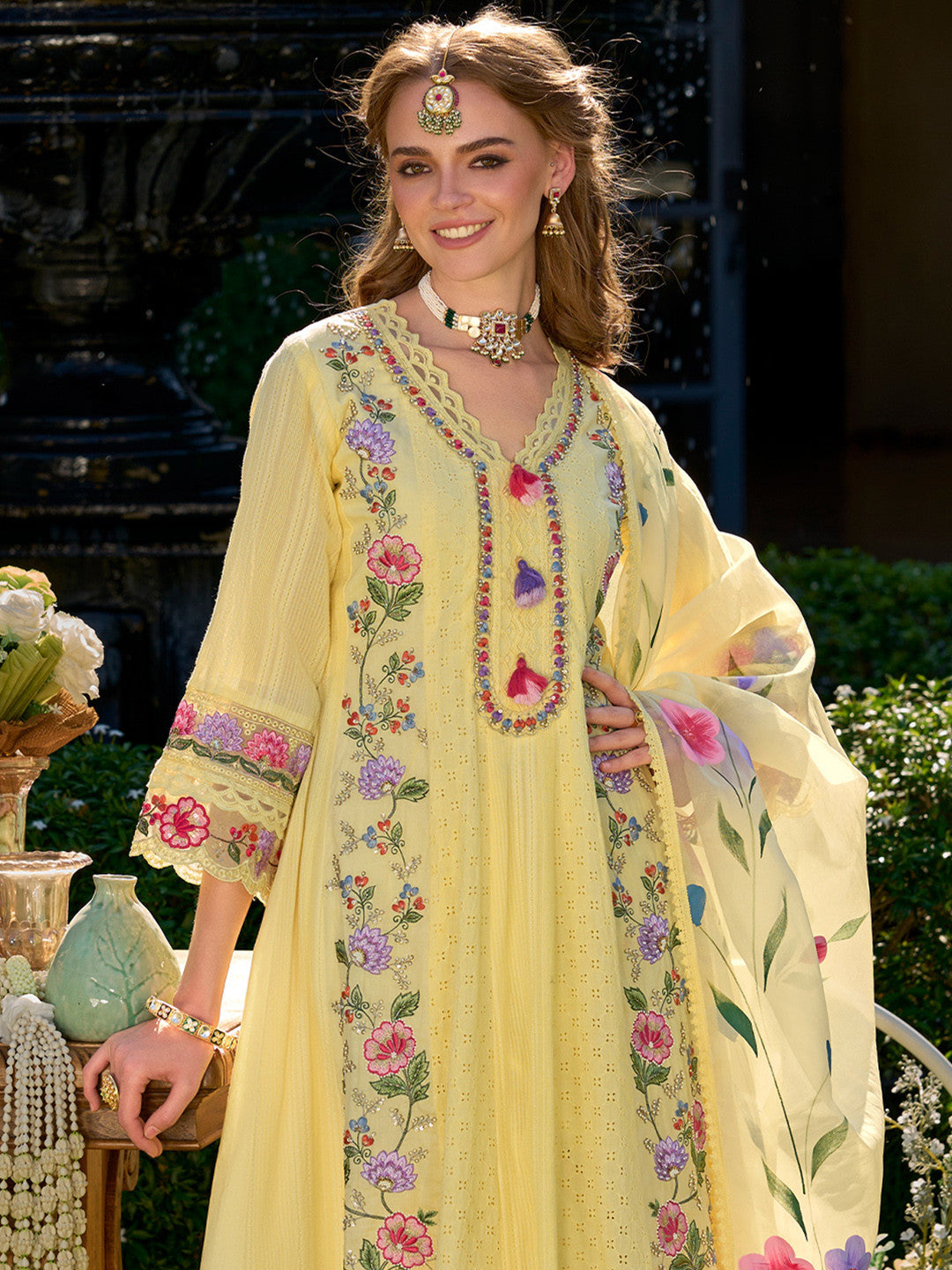 Women Floral Embroidered Cotton Kurta with Trousers & Dupatta