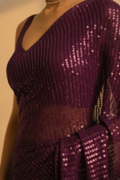 Dhiyona ST Wine Knitted Sequin Saree with Blouse Fabric