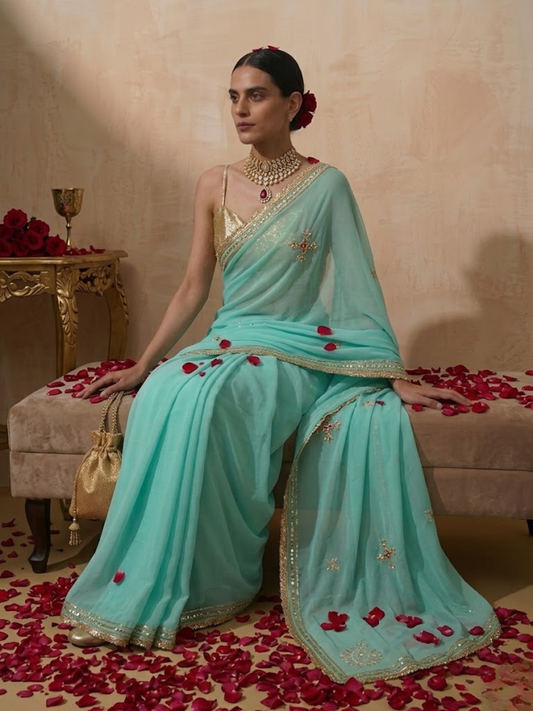 Dhiyona ST Blue Chiffon Saree with Gota Patti Handwork Patches with Self Fabric Blouse