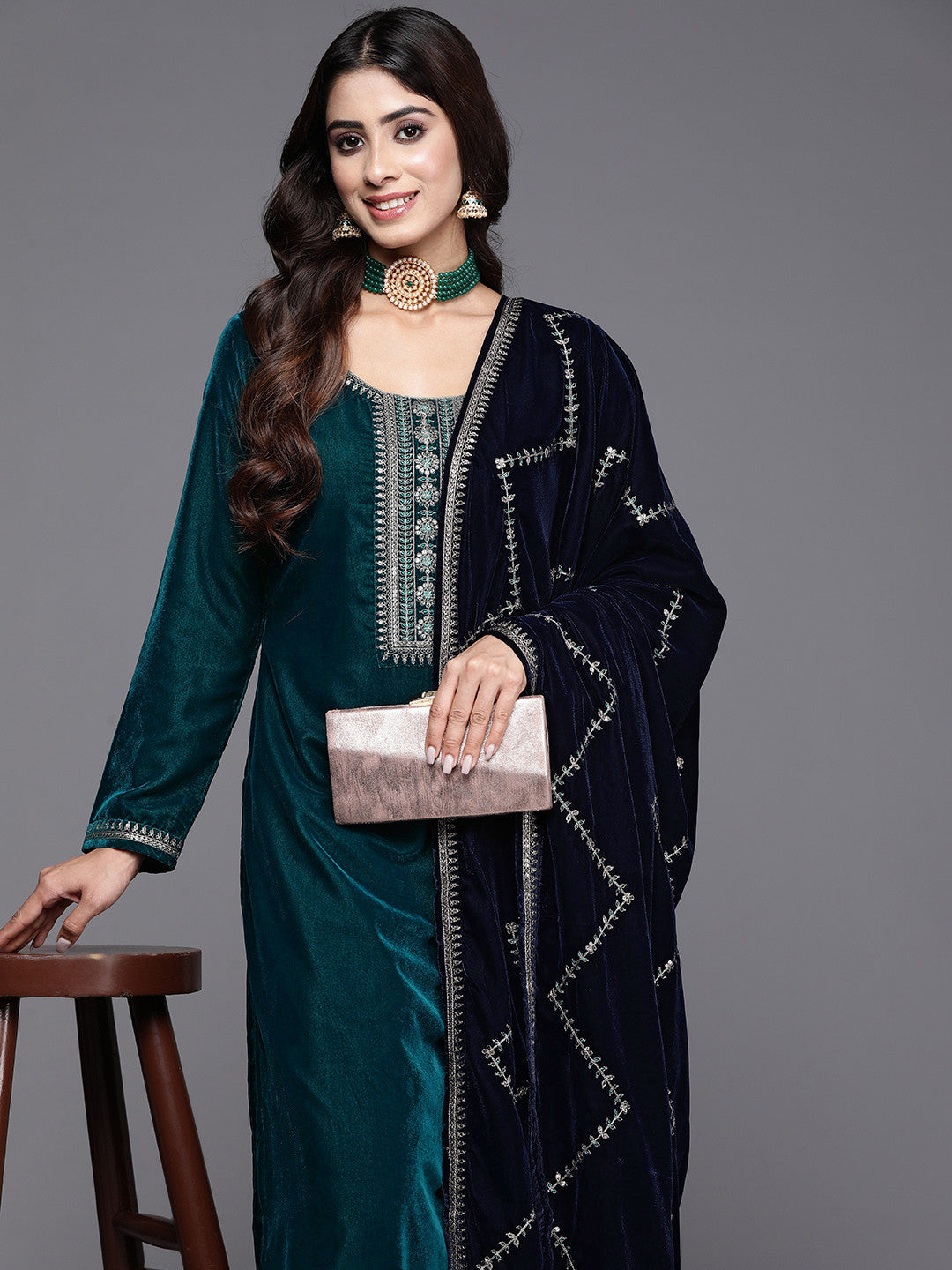 Floral Embroidered Regular Sequinned Velvet Kurta with Trousers & Dupatta