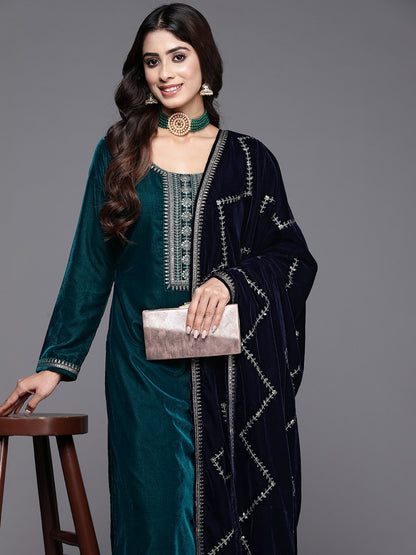 Floral Embroidered Regular Sequinned Velvet Kurta with Trousers & Dupatta