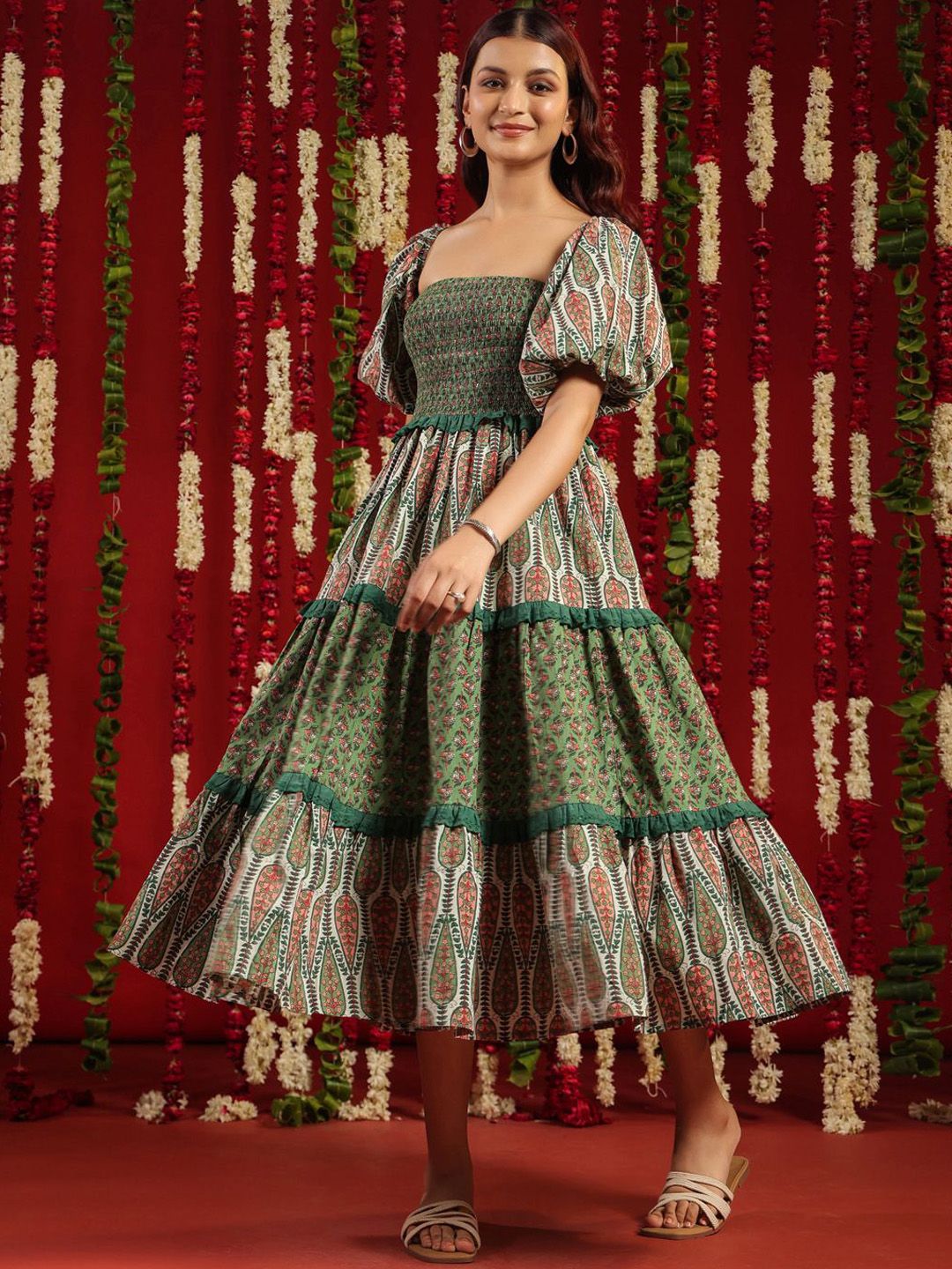 Dhiyona AY Women's Printed Cotton Puff Sleeves Smocked Tier Midi Ethnic Dress With Lace