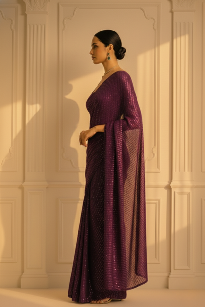 Dhiyona ST Wine Knitted Sequin Saree with Blouse Fabric