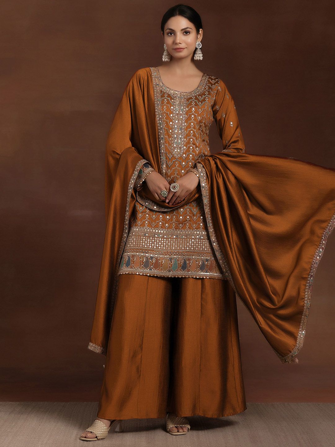 Dhiyona LL Ethnic Motifs Embroidered Sequinned Kurta with Palazzos & With Dupatta