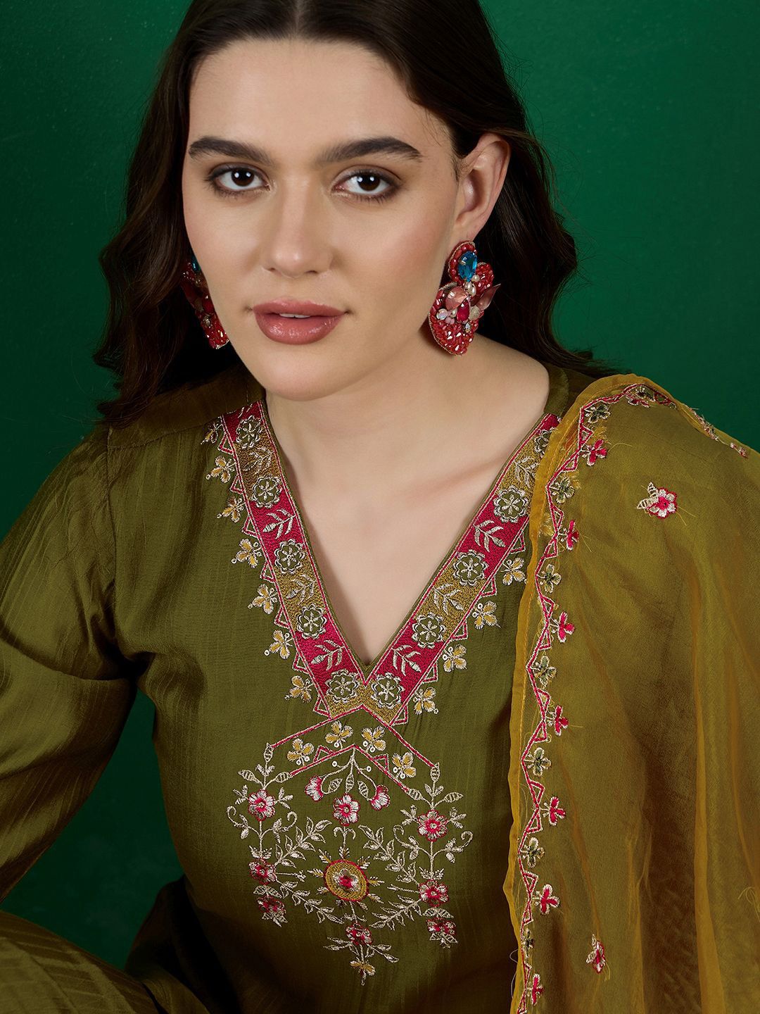 Dhiyona SN Embroidered Zari Sequence Straight Kurta Palazzo & Dupatta Set