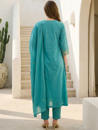 Women Ethnic Motifs Embroidered Pleated Thread Work Pure Cotton Kurta with Trousers & With Dupatta