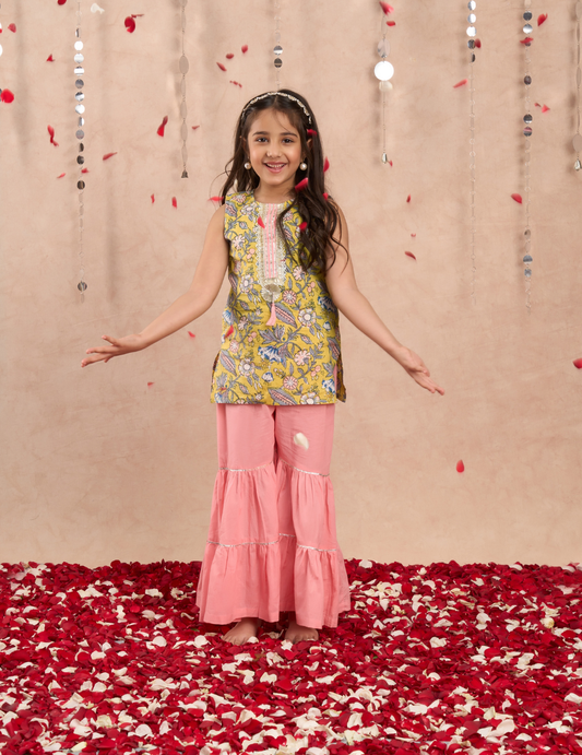 Girls stylish Folklore printed kurta with Sharara set