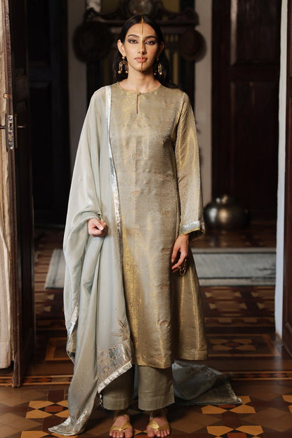 Women's Belgian Block Grey and Golden Silk Woven Salwar Suit