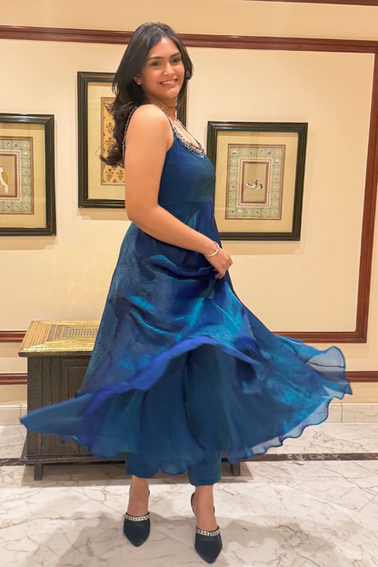 Dhiyona ST 3 Pc Set -  Peacock Satin Sleeveless Anarkali Suit with Black Glass Beads Neckline with Pants and Dupatta
