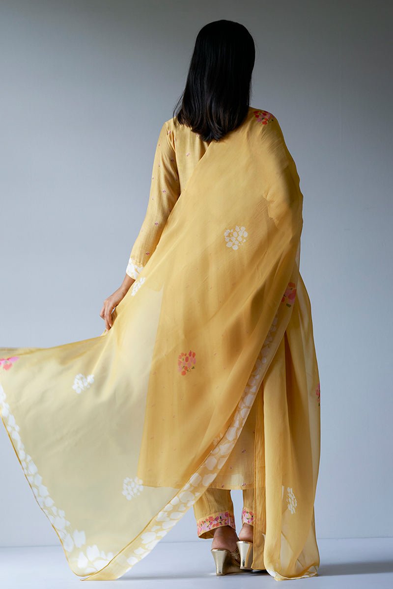 Women's Yellow Bemberg Silk Printed Salwar Suit With Delicate Hand Embroidery on Top and Bottom