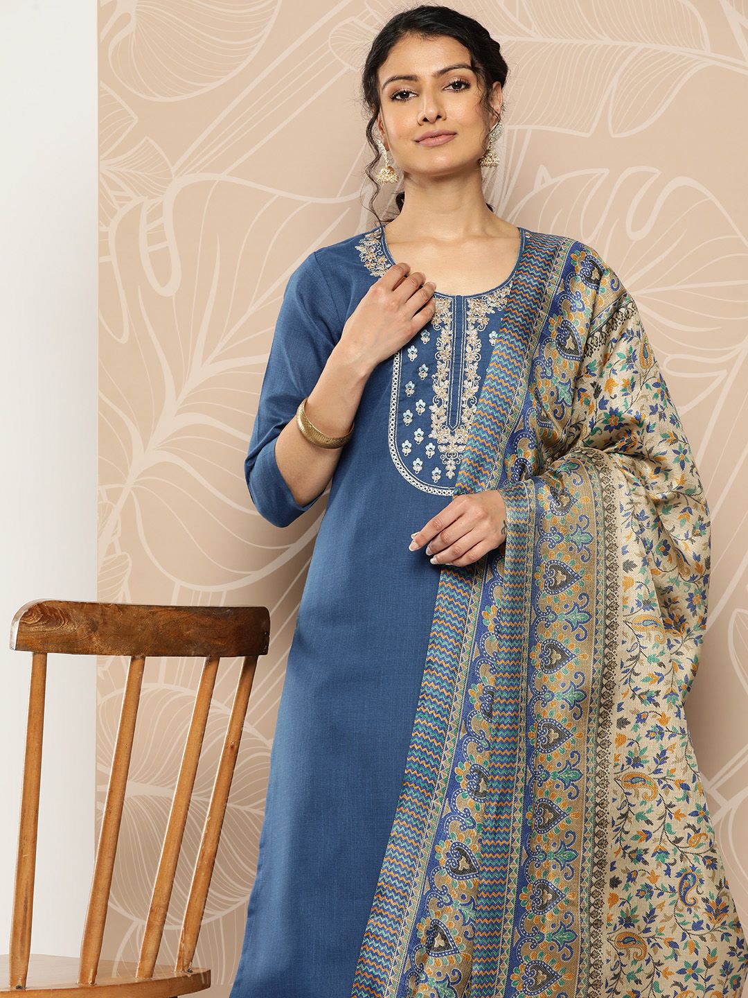 Blue Blue Yoke Embroidered Kurta with Trouser and Dupatta