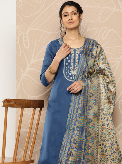 Blue Blue Yoke Embroidered Kurta with Trouser and Dupatta