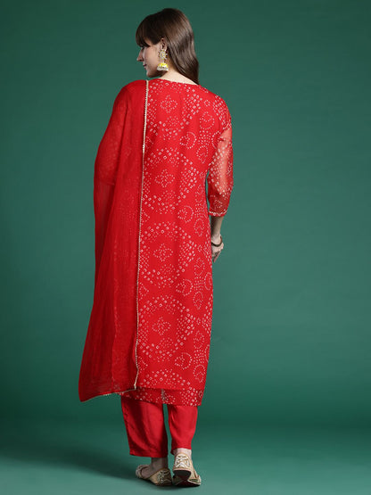 Dhiyona IE Bandhani Printed Zari Panelled Kurta With Trousers & Dupatta