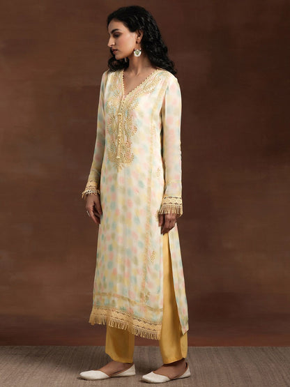 Dhiyona LL Yellow Floral Printed V-Nek Beads and Stones Straight Kurta with Palazzos & Dupatta