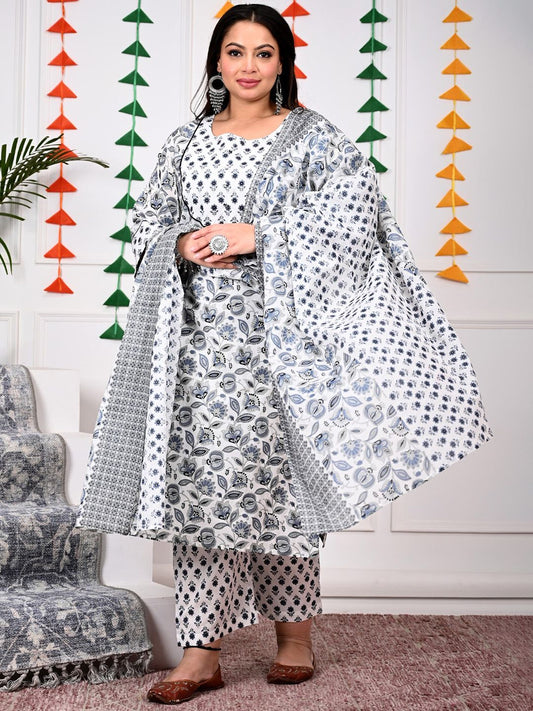Dhiyona KL Plus Size Floral Printed Pure Cotton Kurta With Trousers & Dupatta