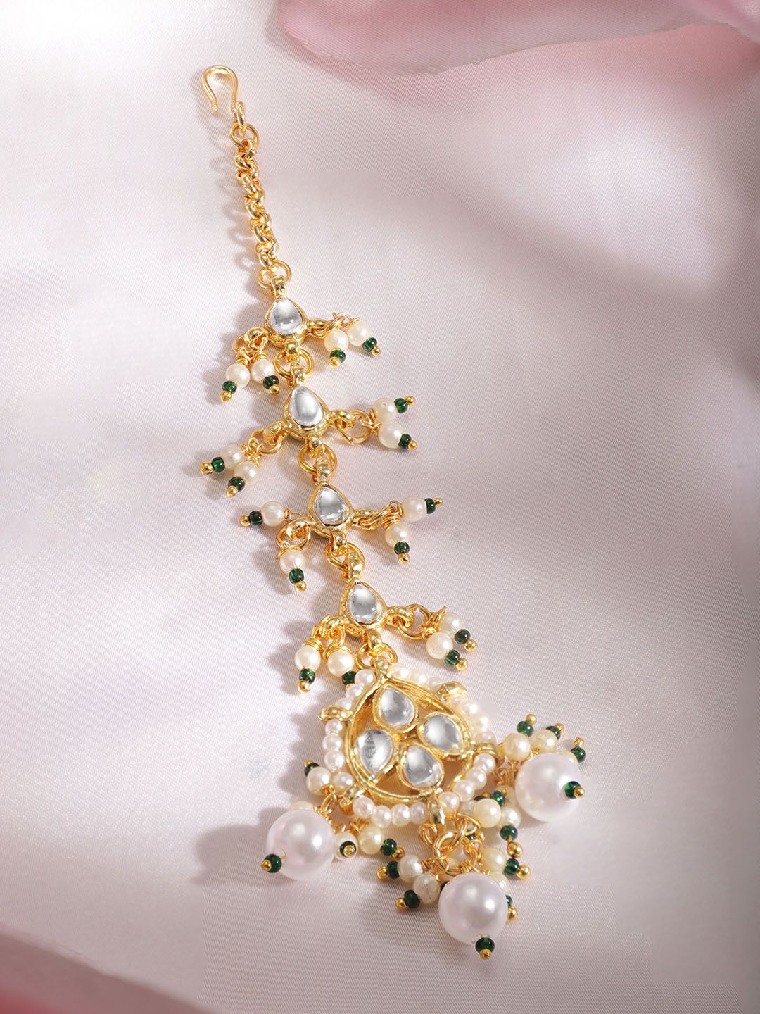 Dhiyona RJ Women's 22K Gold Plated Kundan & Pearl Studded Maang Tikka Traditional and Elegant Jewelry