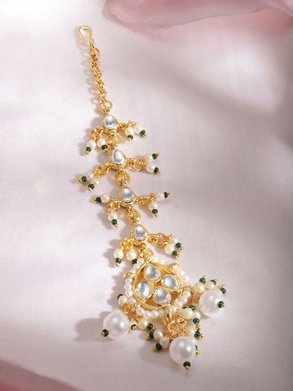 Dhiyona RJ Women's 22K Gold Plated Kundan & Pearl Studded Maang Tikka Traditional and Elegant Jewelry
