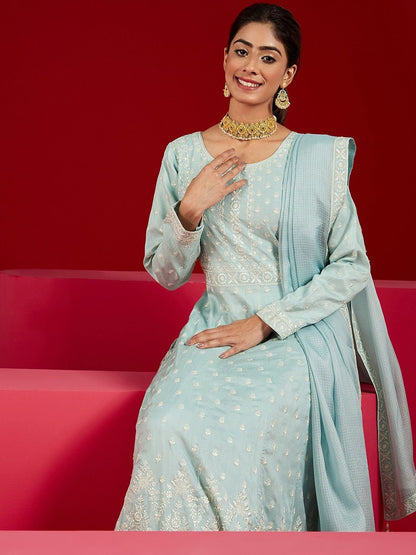 Dhiyona LL Floral Embroidered Panelled Sequinned Pure Silk Kurta with Palazzos & Dupatta