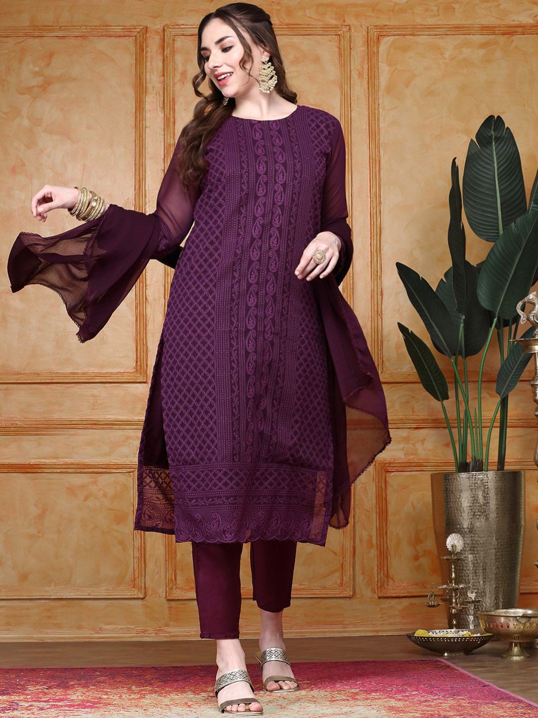Dhiyona IS Women's Paisley Embroidered Regular Chikankari Kurta with Trousers & With Dupatta
