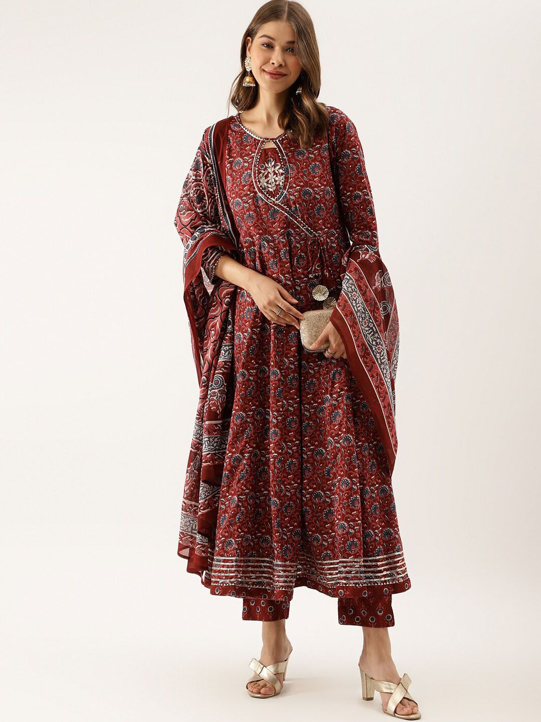 Dhiyona KL Floral Printed Gotta Patti Pure Cotton Anarkali Kurta & Trousers With Dupatta