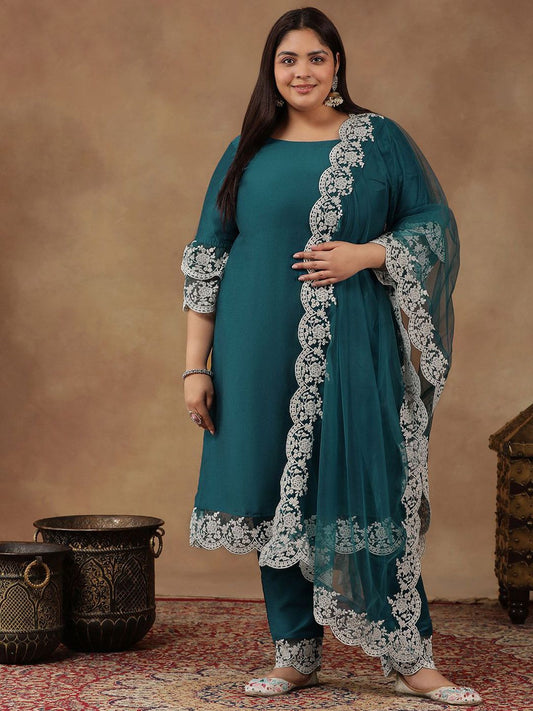 Dhiyona IN Plus Size Floral Embroidered Thread Work Kurta With Trousers & Dupatta
