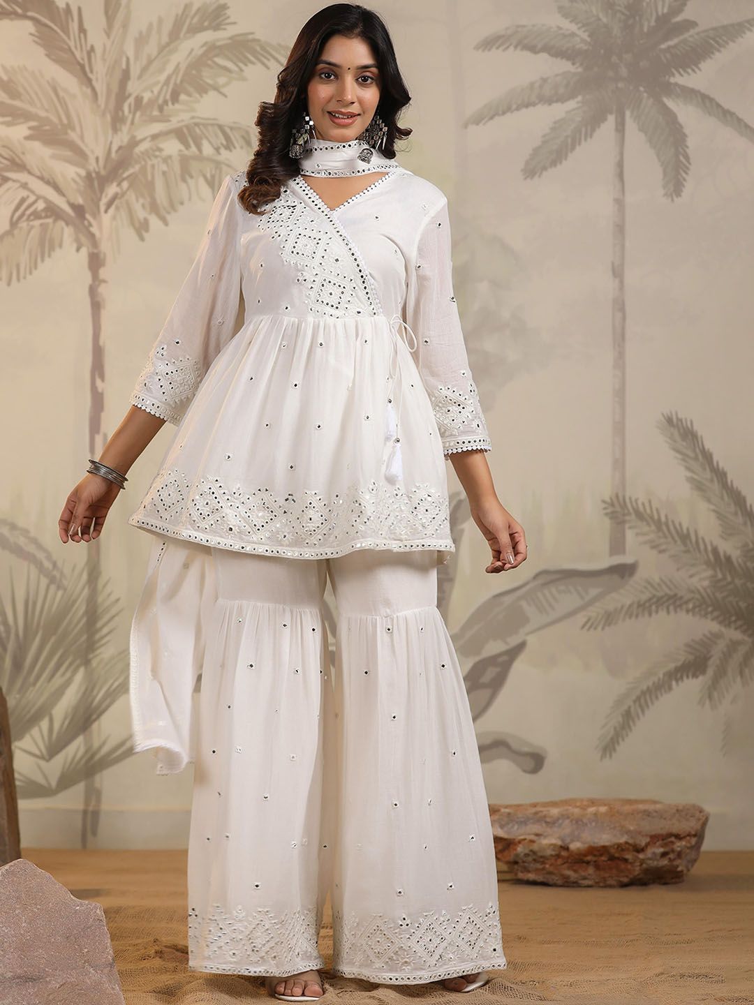 Dhiyona SC Embroidered Mulmul Cotton A-Line Angrakha Kurta With Sharara & Dupatta