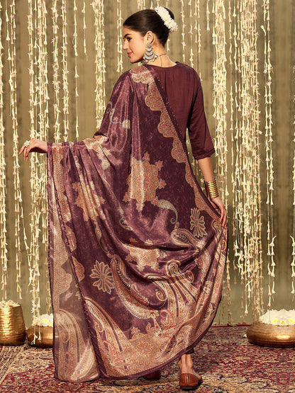 Floral Embroidered Thread Work Kurta With Trousers & Dupatta