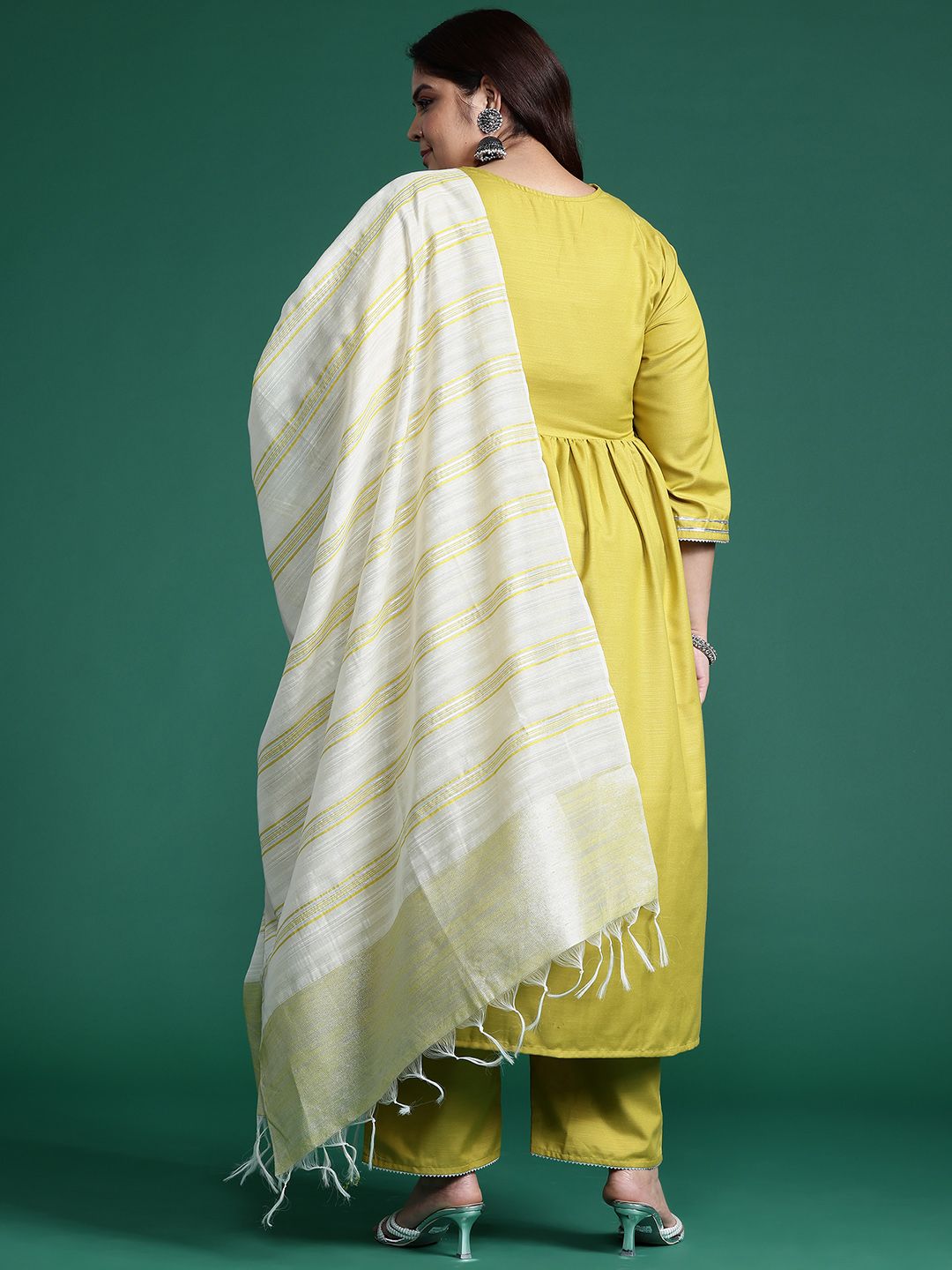 Dhiyona Women's Plus Size Embroidered Empire Mirror Work Kurta With Trousers & Dupatta