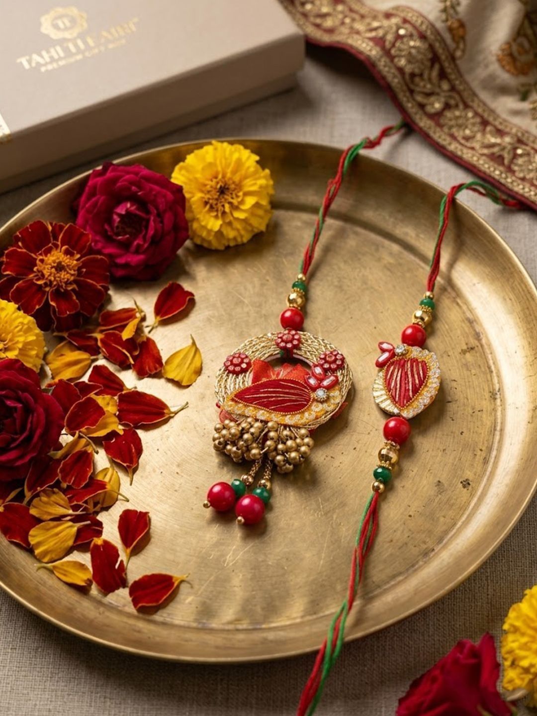 Dhiyona Set Of 2 Artificial Beads Bhaiya Bhabhi Rakhi With Roli Chawal Chandan Mishri