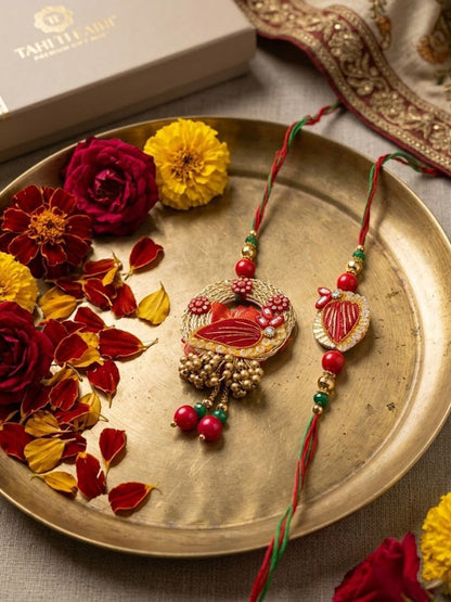 Dhiyona Set Of 2 Artificial Beads Bhaiya Bhabhi Rakhi With Roli Chawal Chandan Mishri