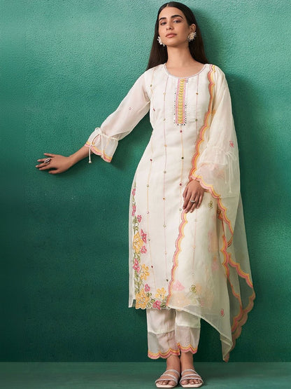 Women Floral Embroidered Regular Mirror Work Kurta with Trousers & With Dupatta