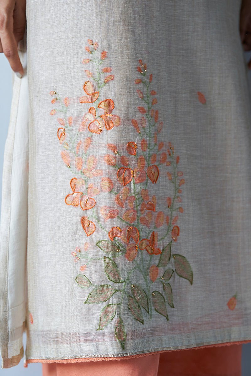 Women's Beige Woven Kurta Suit Set With Delicate Hand Work Detailing and Embroidery Placket