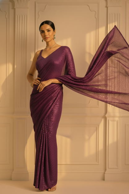 Dhiyona ST Wine Knitted Sequin Saree with Blouse Fabric