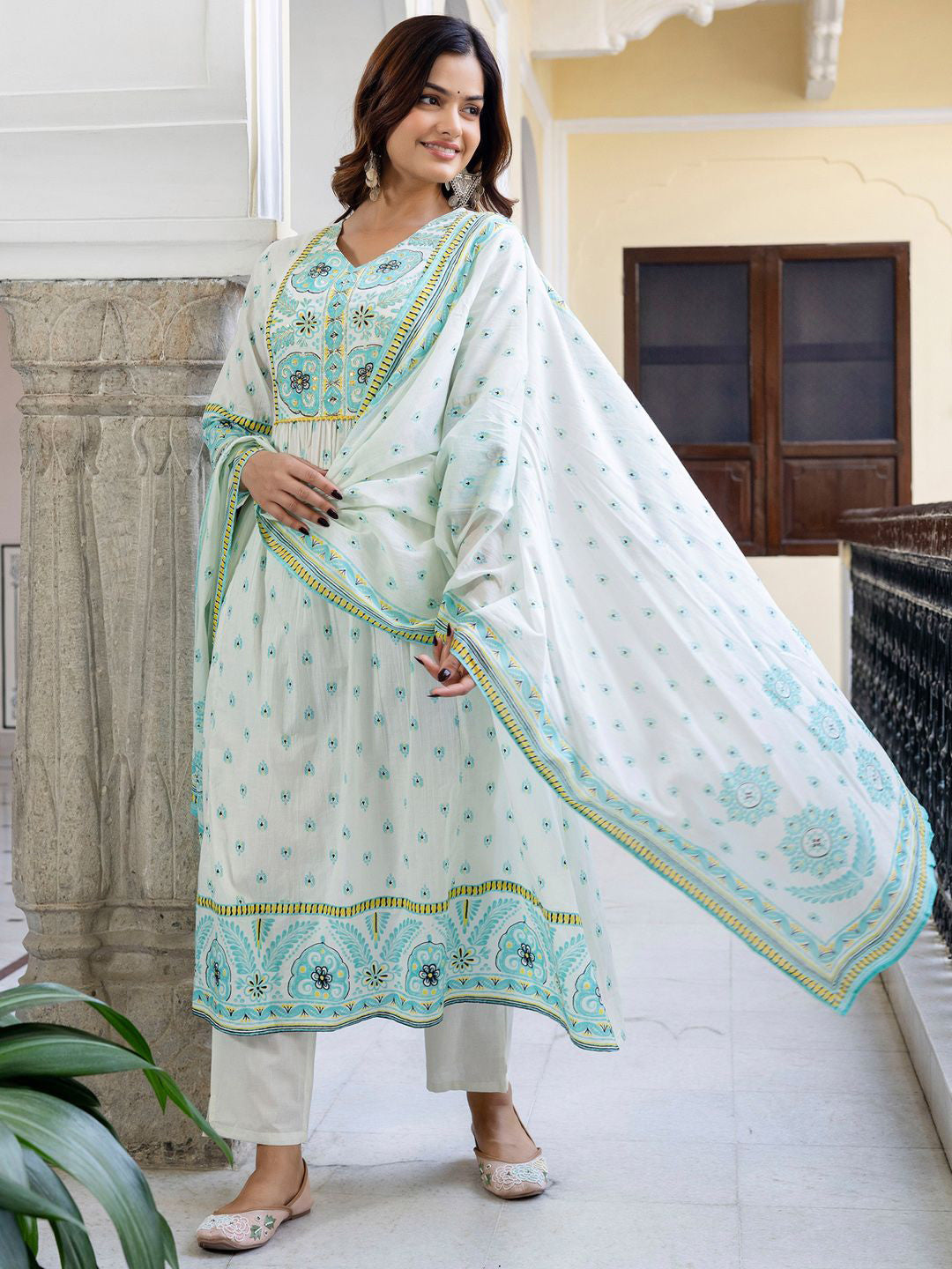 Floral Printed V-Neck Pleated Pure Cotton A-Line Kurta With Trouser And Dupatta