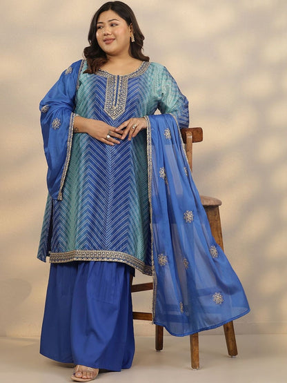 Dhiyona Women's Plus Size Geometric Printed Straight Kurta With Sharara & Dupatta