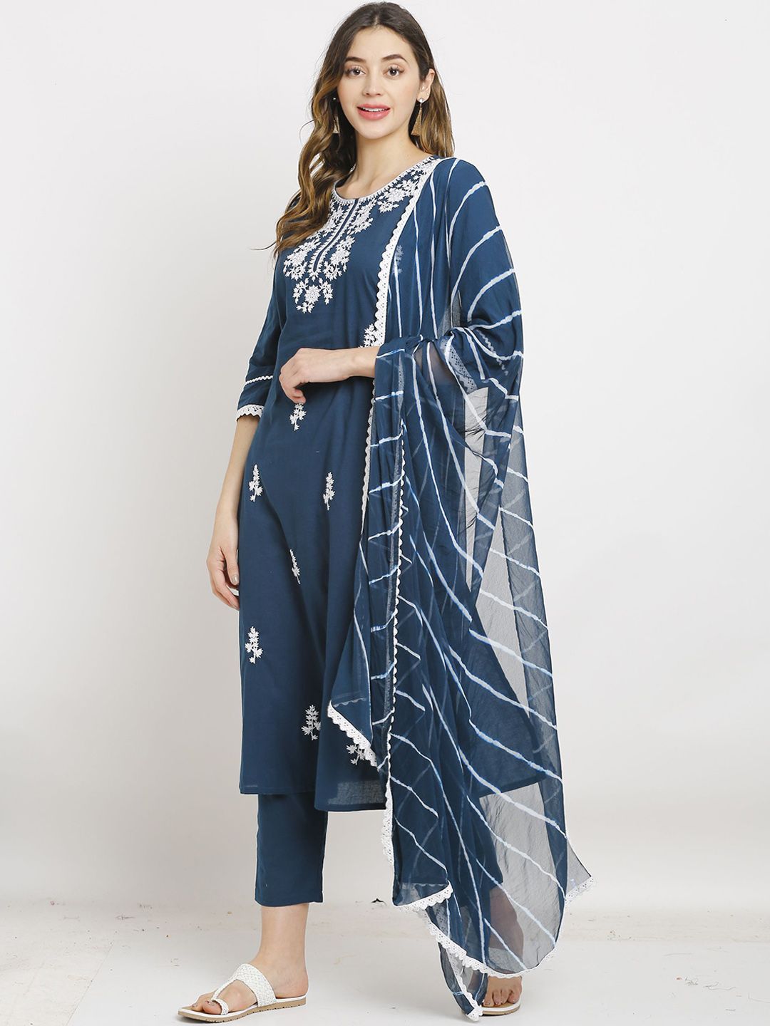 Dhiyona KL Floral Embroidered Pure Cotton Straight Kurta with Trousers & Dupatta