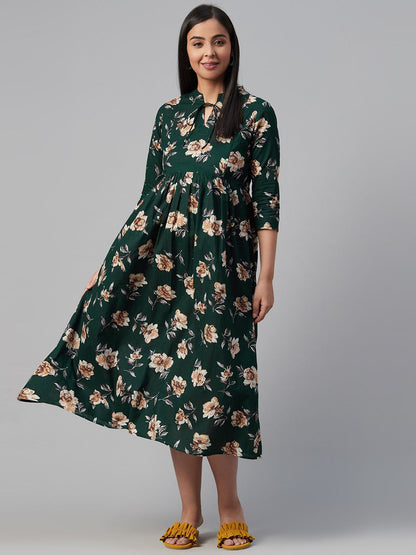 Dhiyona AY Women's Green & Beige Floral Print Cotton Maternity A-Line Dress