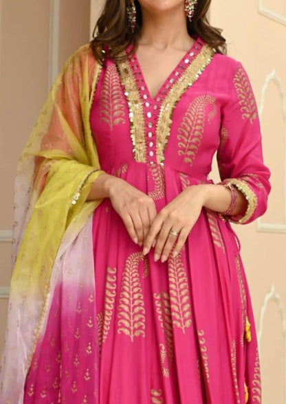 Dhiyona KL Women Floral Printed Angrakha Thread Work Kurta with Palazzos & With Dupatta