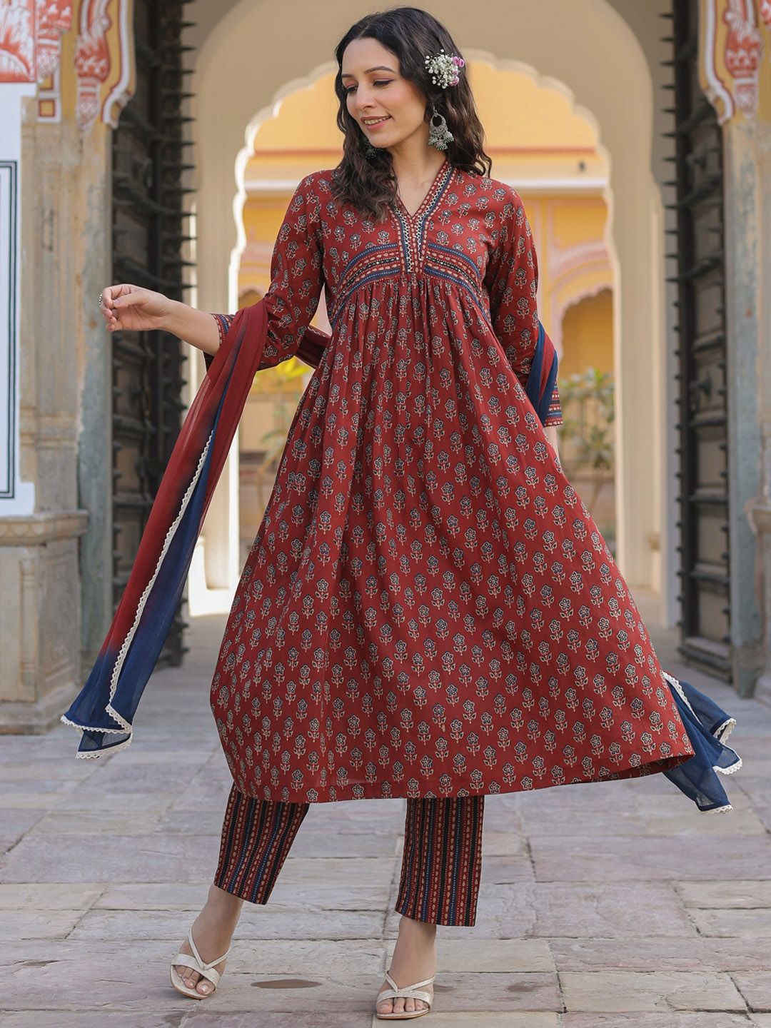 Dhiyona RR Women's Printed Empire Sequinned Pure Cotton Kurta with Trousers & Dupatta