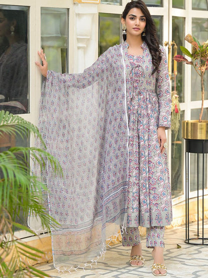 Dhiyona KL Floral Printed Pleated Pure Cotton Anarkali Kurta With Trousers & Dupatta