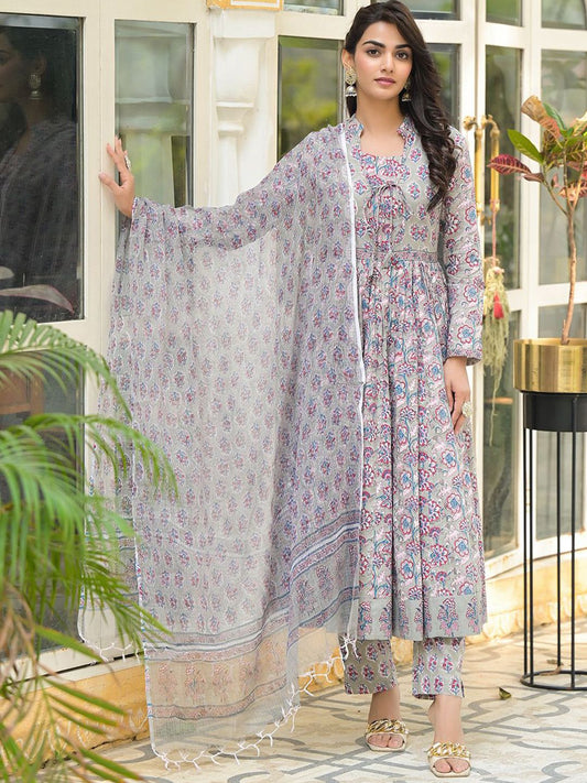 Dhiyona KL Floral Printed Pleated Pure Cotton Anarkali Kurta With Trousers & Dupatta