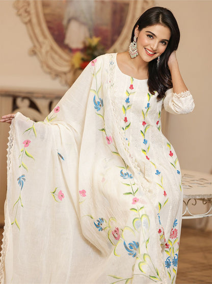 Dhiyona IS Women's Floral Embroidered Pure Cotton A-Line Kurta With Trouser & Dupatta
