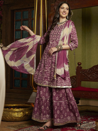 Dhiyona SN Women's Purple Ethnic Motifs Printed A-Line Kurti & Sharara With Dupatta