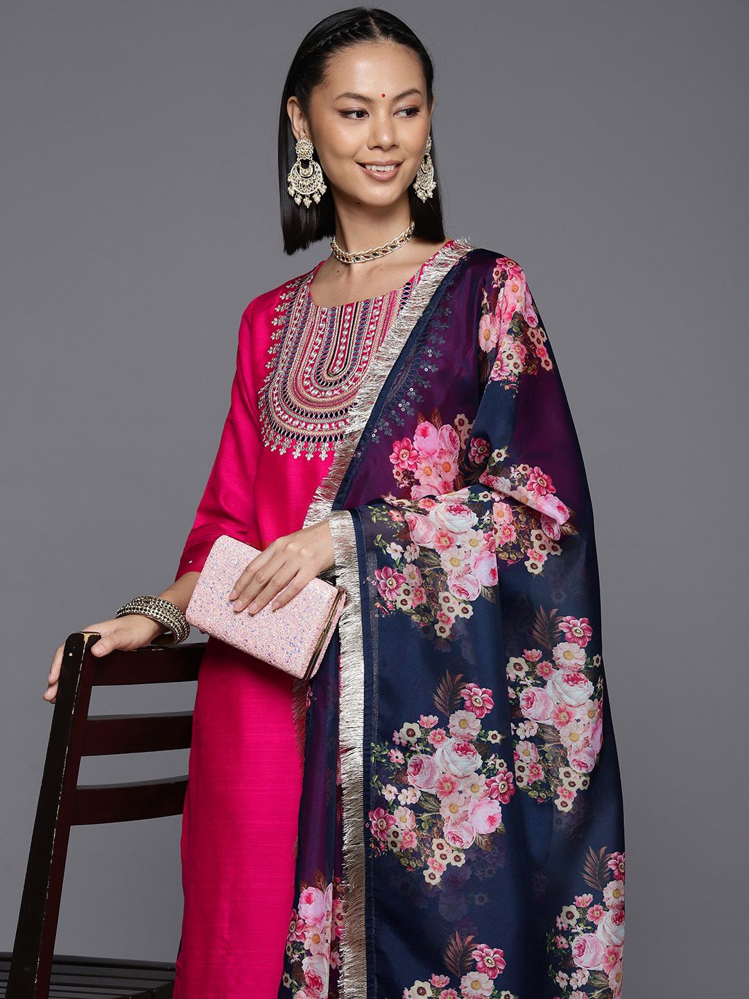 Dhiyona VA Women'sPink Ethnic Yoke Design Regular Thread Work Kurta & Trousers With Dupatta