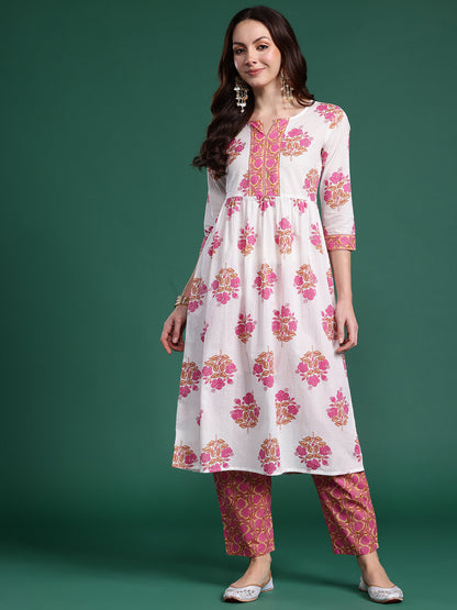 Floral Printed Pure Cotton Kurta with Trousers