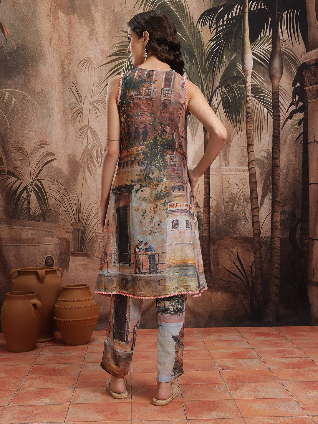 Tropical Printed Lace Insert Detail V-Neck Sleeveless A-Line Kurta with Trousers
